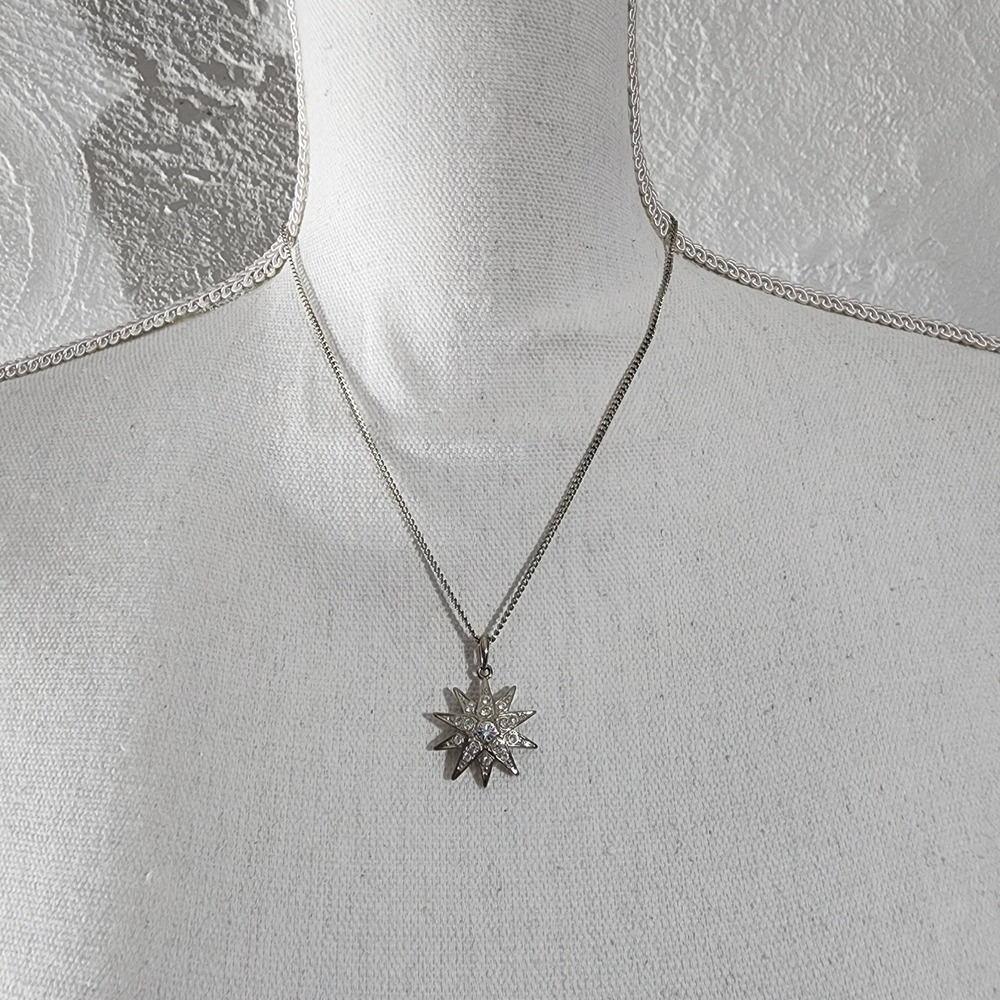 Vintage Star Pendant Necklace Silver Tone Rhinestone‎ Celestial Jewelry